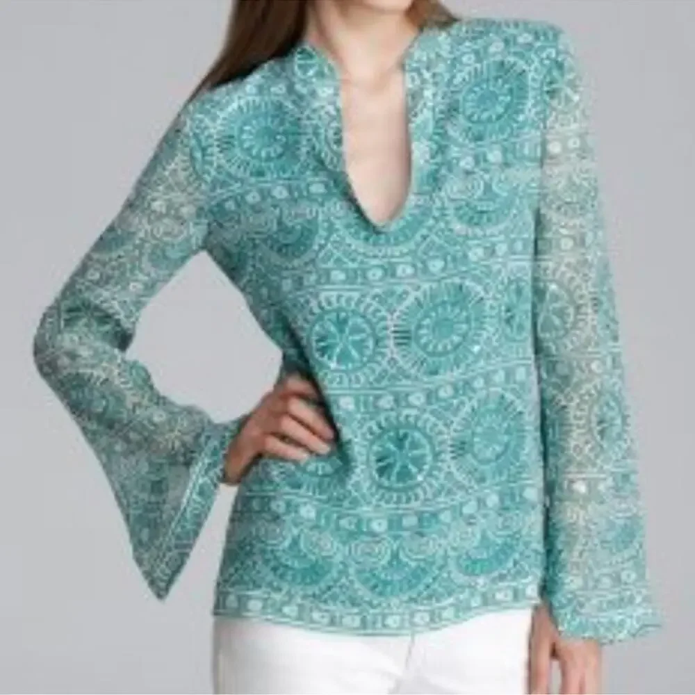 Tory Burch Women's Geometric Sequin 3/4 Sleeve‎ V Neck Tunic Sz 4 Green, Sparkle